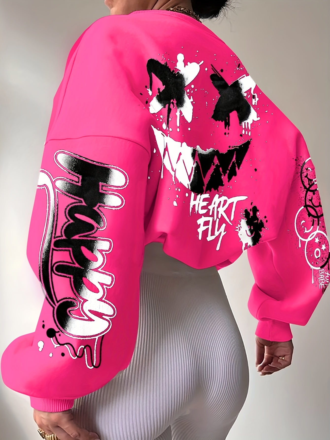 Women's Elegant Graffiti Letter Print Sweatshirt - Black with Pink & Blue Art, Round Neck, Medium Stretch, Machine Washable, Autumn Winter Casual Pullover, Ladies Sweatshirts, Everyday Comfort, Bold Graphic Design, Medium Str